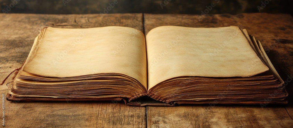 Poster vintage open notebook on a wooden table with empty pages for text and a rustic background for creati