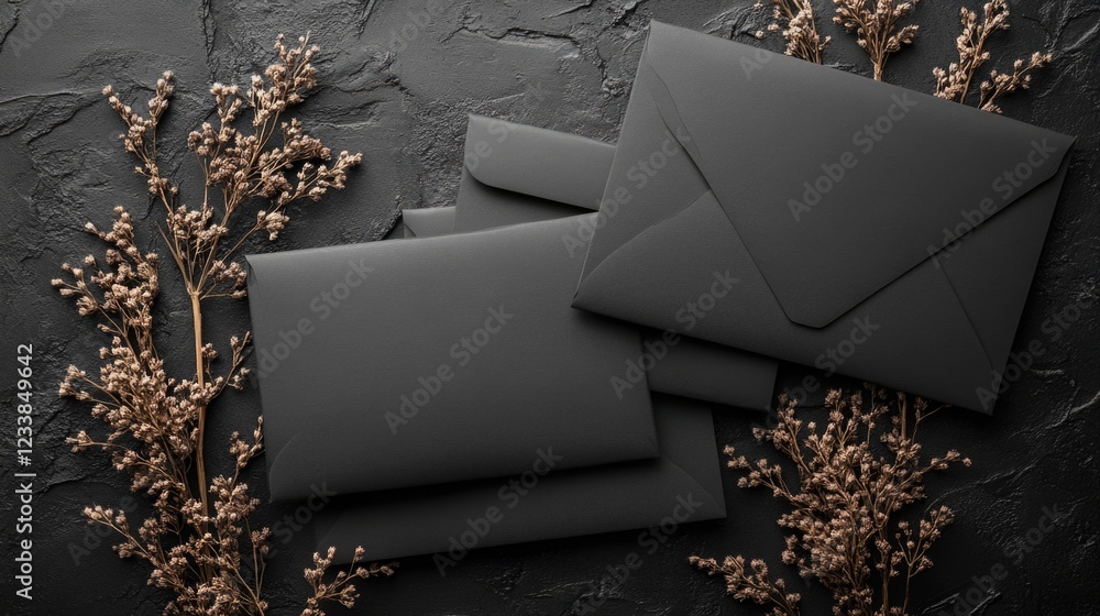 Poster stylish black envelopes arranged on a textured dark background with dried flowers and ample copy spa