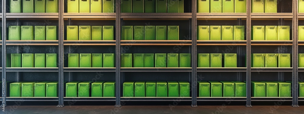 Poster warehouse shelving with green storage bins ideal for product distribution and empty space for custom