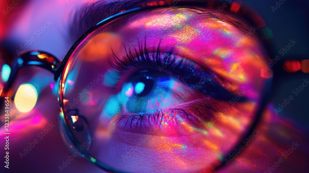 Aufkleber colorful close up of eye behind glasses capturing light reflections ideal for text overlay and creat