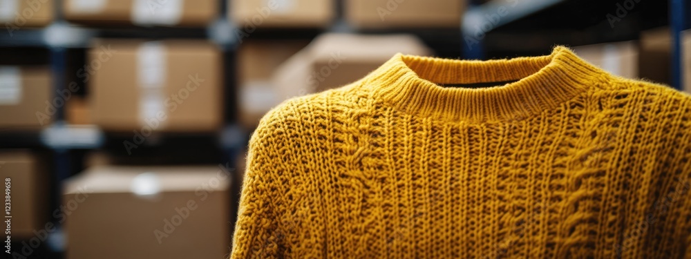 Poster warehouse interior featuring stacked boxes with a vibrant yellow sweater showcasing ample empty copy