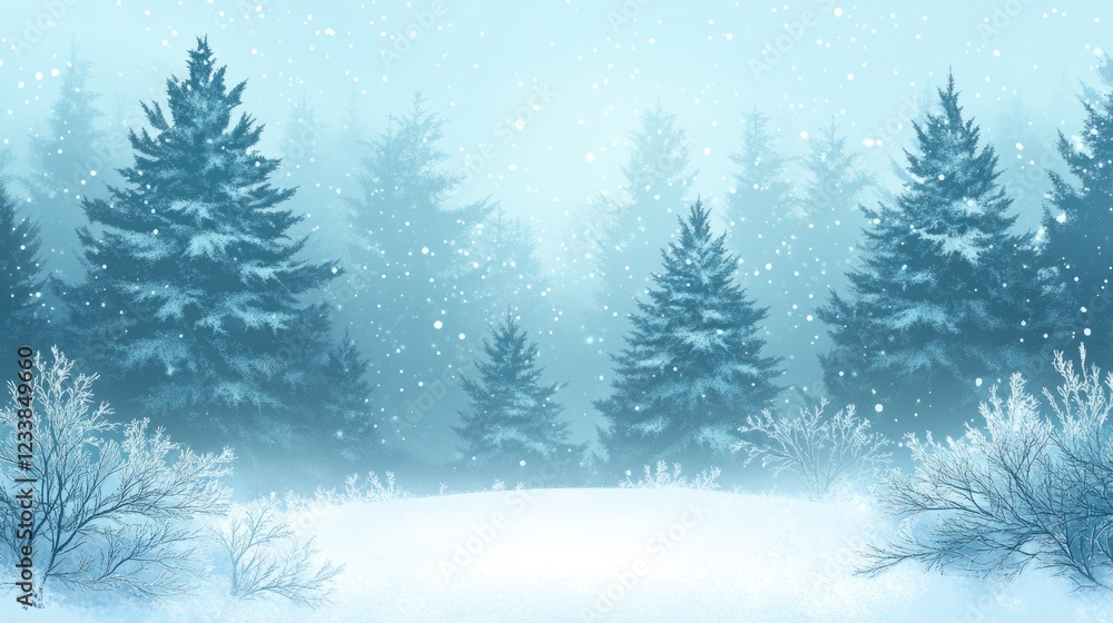 Poster winter forest landscape with snowy pines and fog featuring blank space for text overlay in a serene 