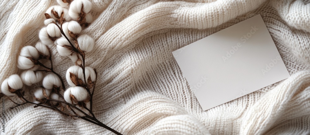 Poster greeting invitation card mockup on soft cotton fabric with knitting texture and blank space for pers