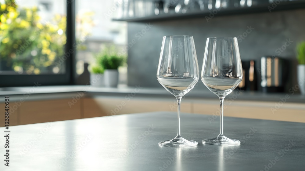 Poster elegant wine glasses on a sleek modern kitchen counter with ample empty space for text and natural l