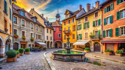 Obraz premium Colorful cobblestone street in Annecy Vieille Ville with old stone buildings and picturesque fountains , medieval charm, stone buildings