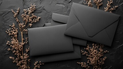 Stylish black envelopes arranged on a textured dark background with dried flowers and ample copy space for elegant design projects.