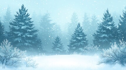 Obraz premium Winter Forest Landscape with Snowy Pines and Fog Featuring Blank Space for Text Overlay in a Serene Atmosphere