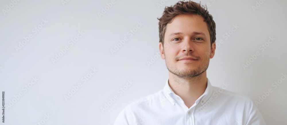 Poster caucasian man holding digital tablet with empty space for text on white background suitable for adve
