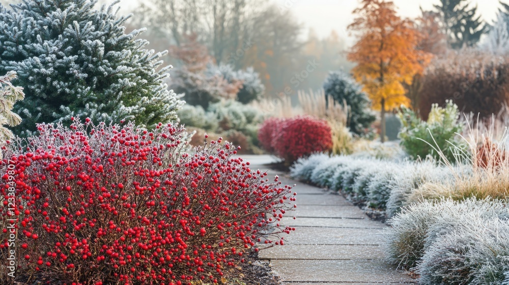 Poster winter garden path with ornamental bushes and red berries surrounded by frost and autumn colors prov