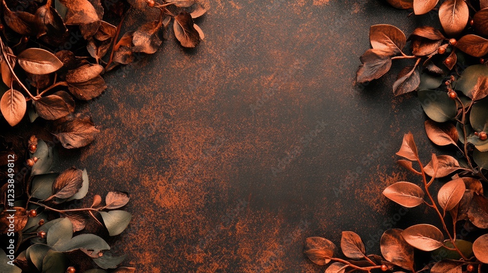 Poster copper and green leaves arranged artistically on a textured background with empty space for text or 
