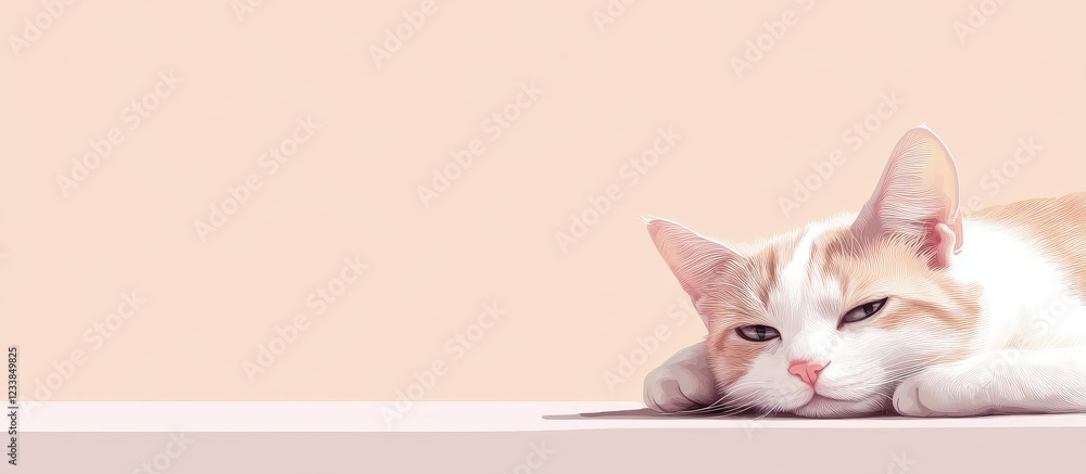 Poster cat relaxing on table with pastel background and space for text or content creation
