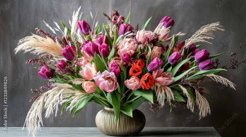 Poster vibrant tulip bouquet with decorative grasses in an elegant vase against a textured background