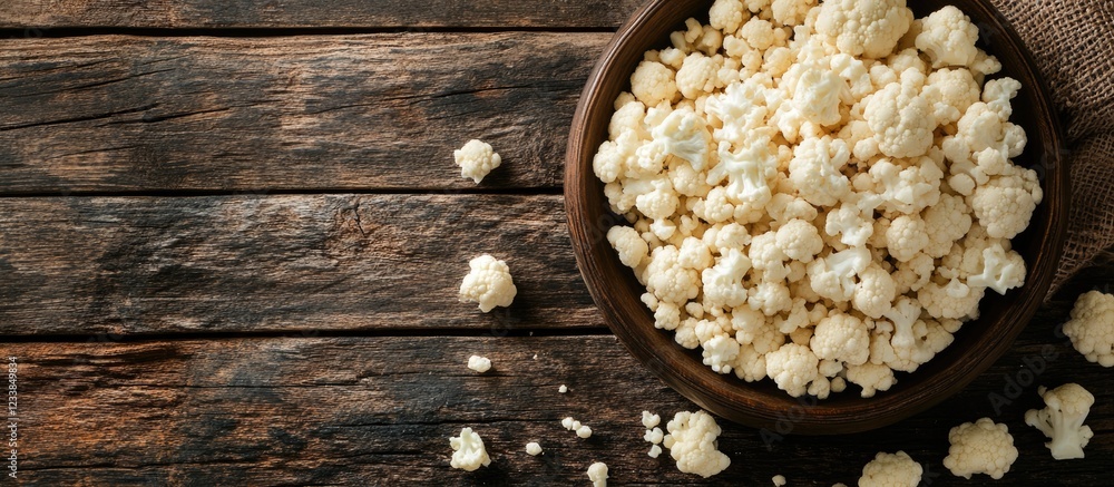 Aufkleber cauliflower vegetable pellets in a bowl on a rustic wooden table with empty text space for creative 