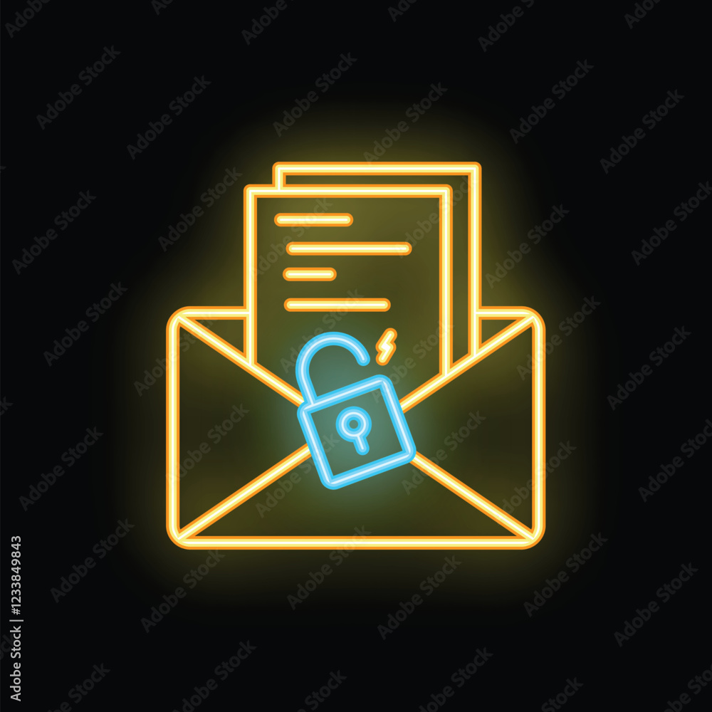 Poster glowing neon icon of an open mail envelope with documents and an open padlock, representing a data b