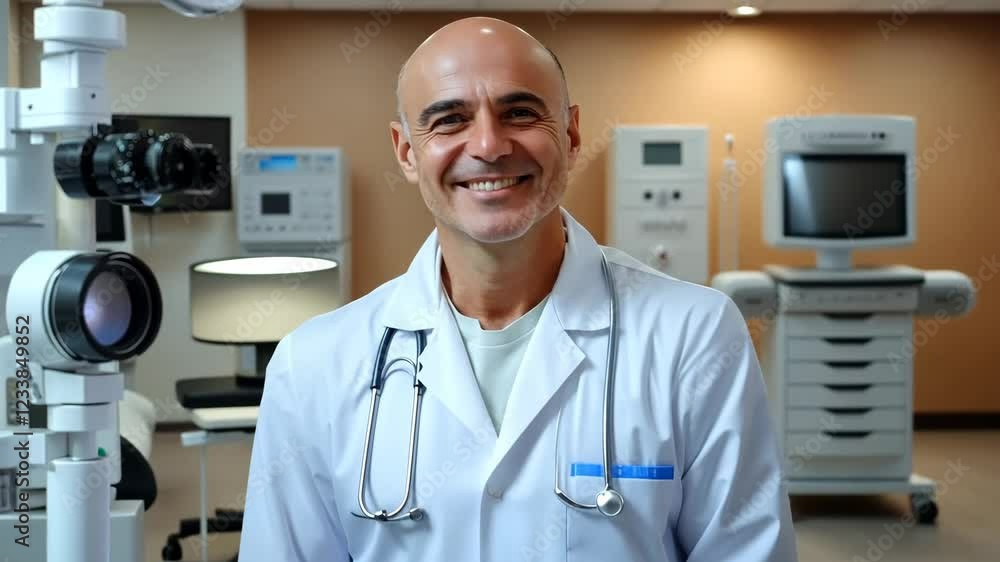 Poster man in a white lab coat is smiling in front of an eye exam machine. concept of warmth and friendline
