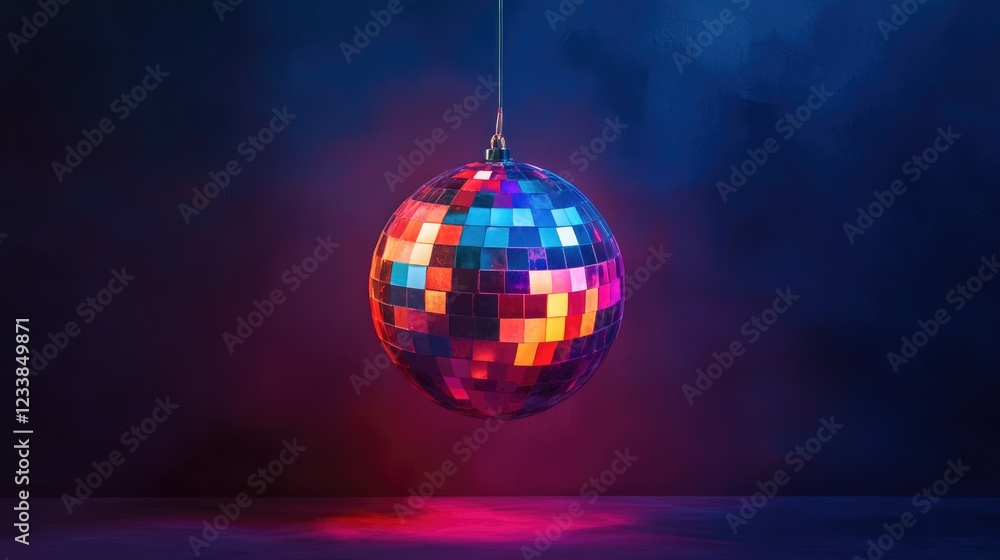 Poster vibrant retro disco ball surrounded by colorful lights with empty copy space for creative text or br