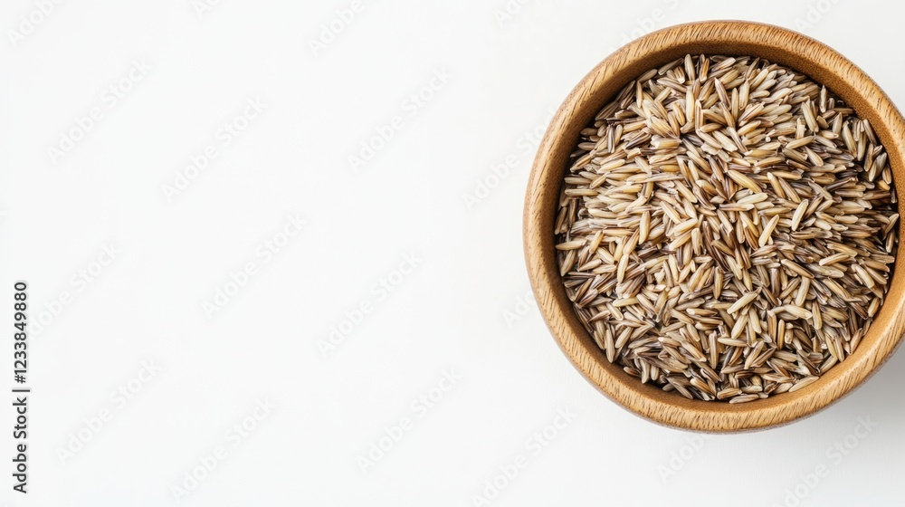 Poster raw wild rice in a wooden bowl on a white background with ample copyspace for text or branding use i