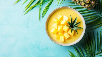 Tropical Smoothie Bowl Featuring Starfruit and Pineapple with Vibrant Copyspace for Text on a Blue Background