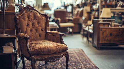 Vintage Armchair and Antique Furniture in Thrift Store with Generous Copyspace for Text Messaging and Advertising