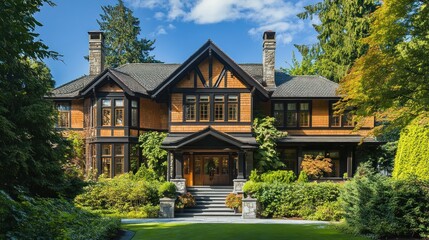 Naklejka premium Grand Craftsman house, sunny day, lush garden, real estate