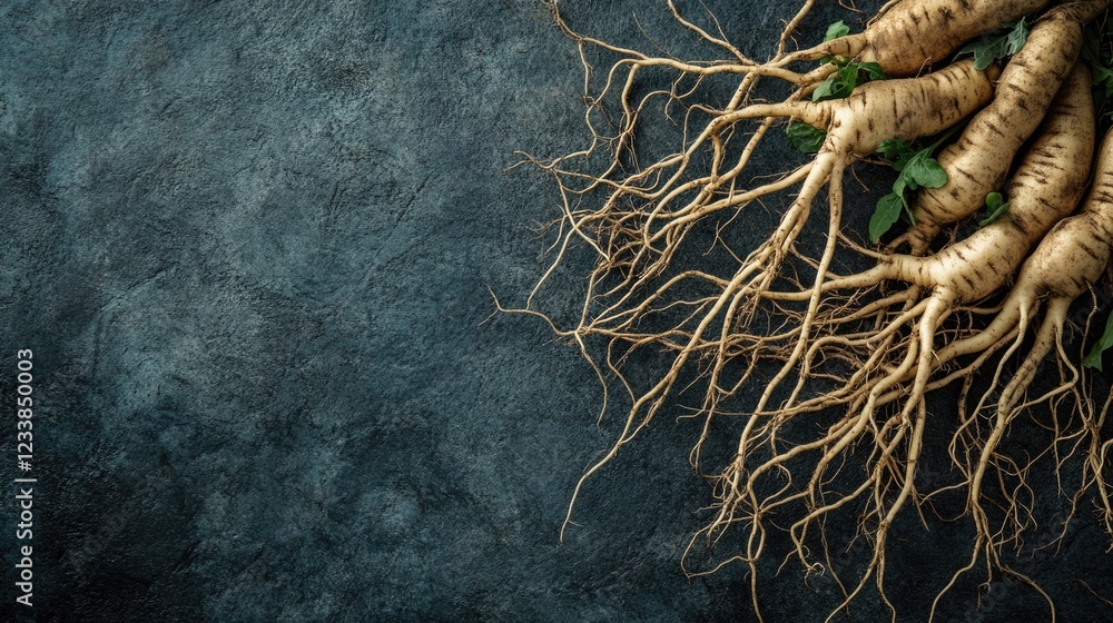 Aufkleber vibrant potato roots on a textured dark background with ample copyspace for text and design elements