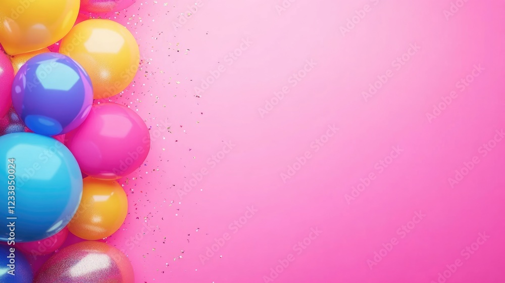 Poster colorful shiny balloons on pink background creating a festive atmosphere with space for text and cel