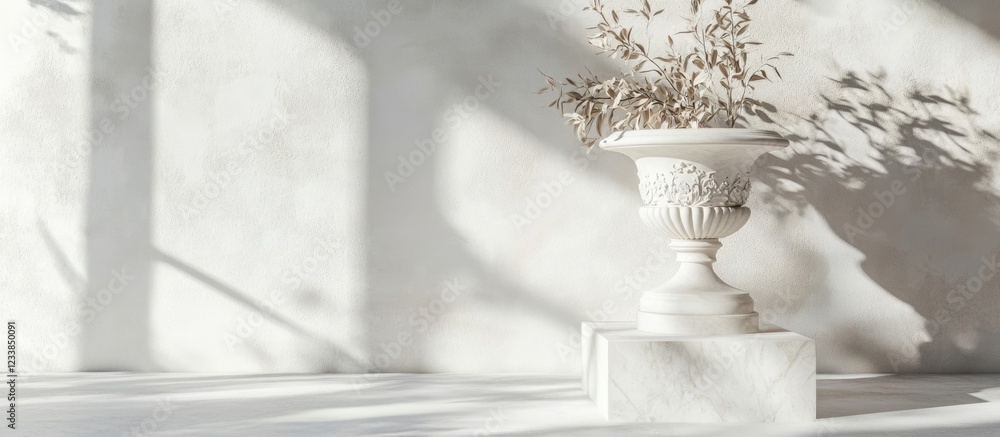Poster elegant white pedestal display with shadows and ample empty space for text in a minimalistic setting