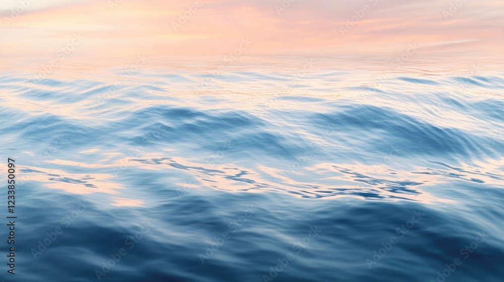 Poster serene ocean waves reflecting sunset colors with smooth surface ideal for text overlay and peaceful 
