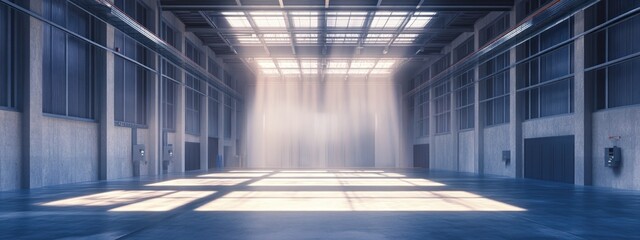 Warehouse interior with natural light beams emphasizing stability and management, featuring ample empty space for text or graphics.