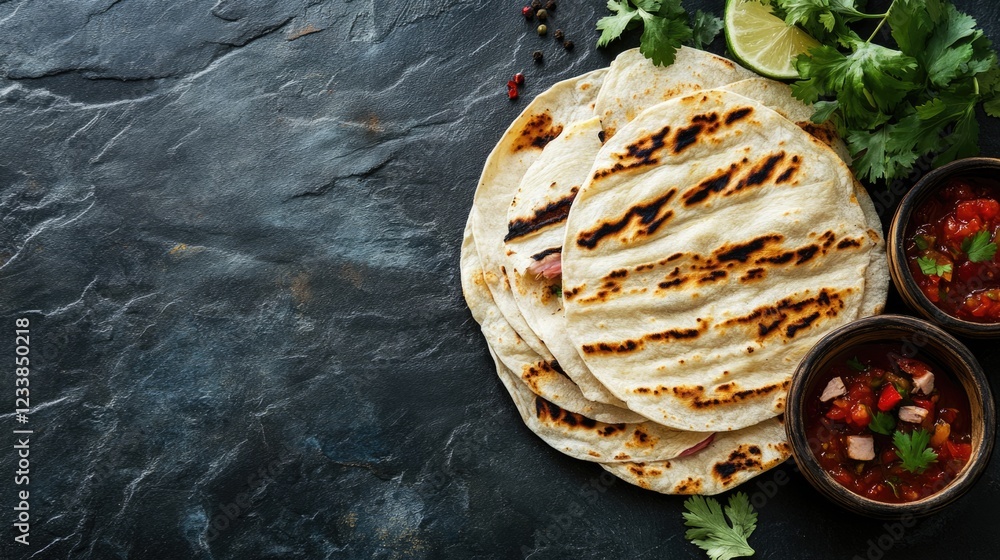 Poster traditional mexican flatbread with cheese ham pork carnitas and salsa on black stone background with