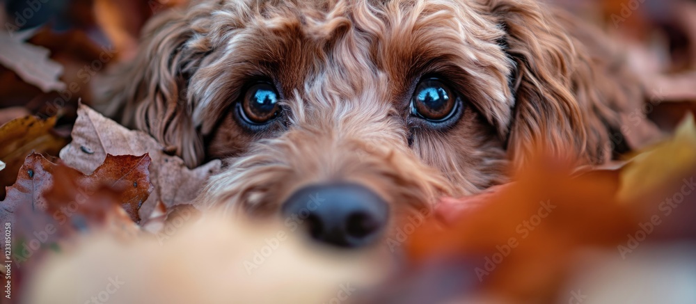 Poster cavapoo dog peeking through colorful autumn leaves in tranquil park setting with ample space for tex