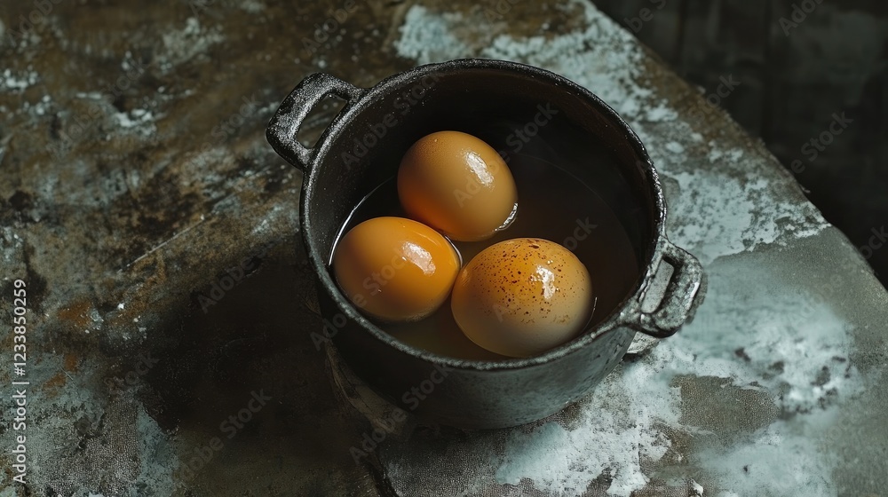 Poster three eggs in a rustic pot surrounded by cooking ingredients on a textured wooden surface with a sof