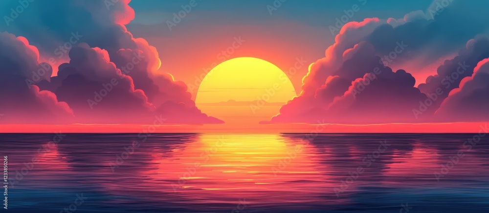 Poster vibrant sunset over calm waters with dramatic clouds and ample space for text perfect for promotiona