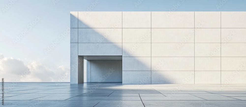 Poster modern architectural white concrete structure with expansive space for promotional text and visuals 