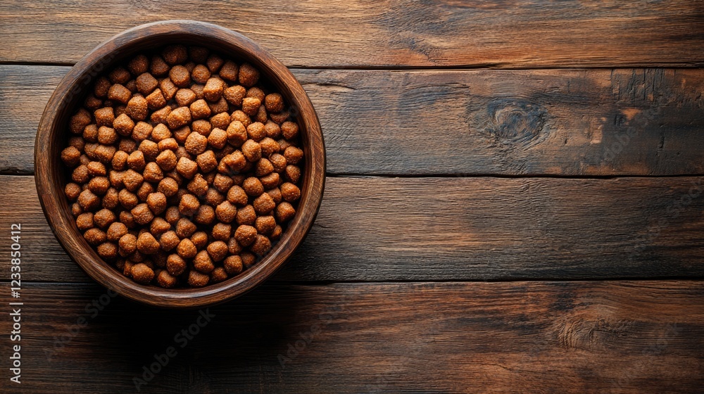 Poster Top view of a wooden dog bowl filled with kibble on a rustic wooden surface with ample empty space for text or branding.