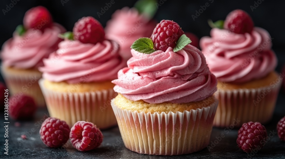 Poster delicious raspberry cupcakes elegantly topped with fresh berries perfect for sweet dessert promotion