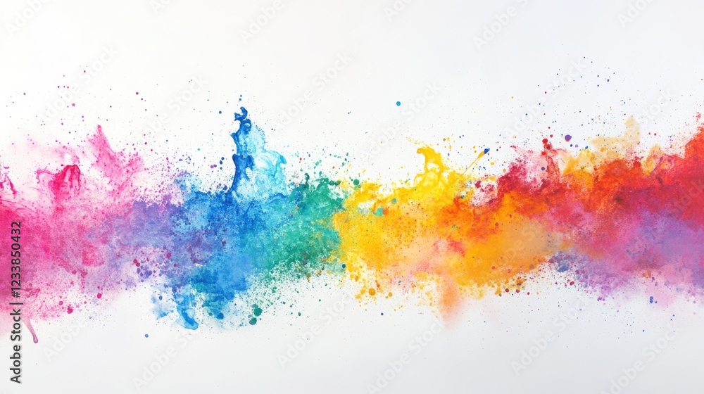 Poster colorful paint splash art on white background with negative space for text placement and creative de