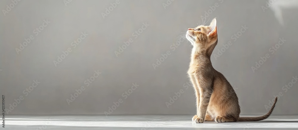Poster cat photoshoot in studio with gray backdrop and space for text featuring a curious cat looking upwar