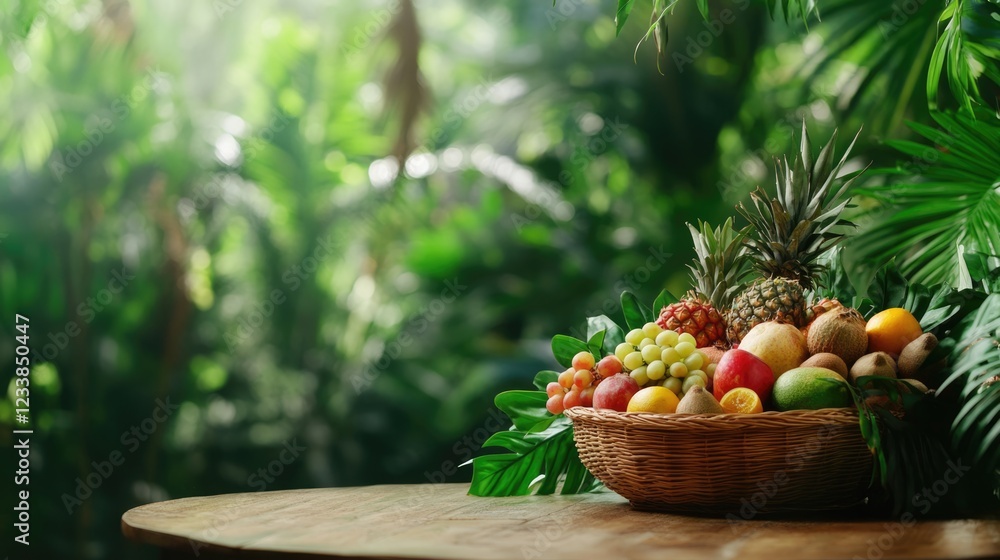 Poster tropical fruit basket on wooden table surrounded by lush greenery with empty copyspace for text show