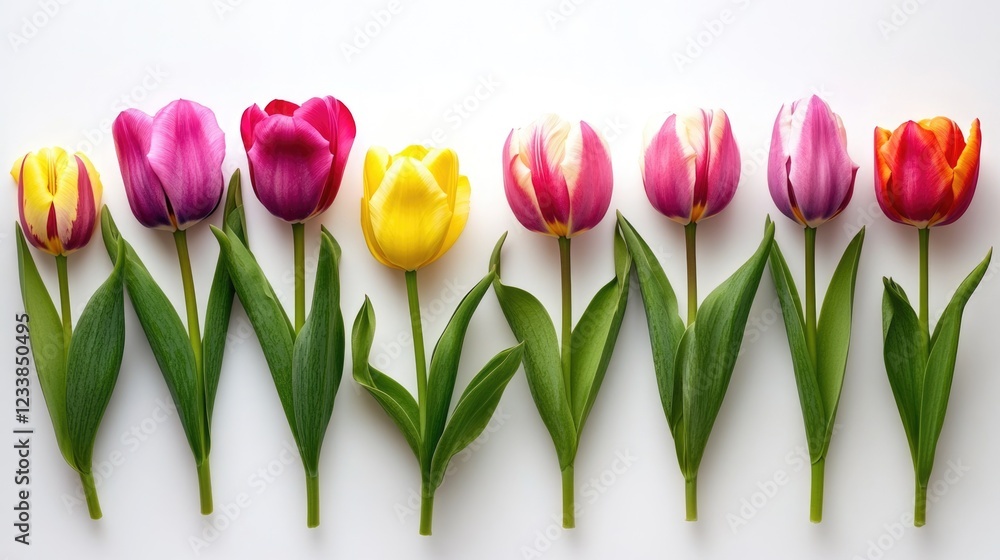 Poster colorful collection of tulips in vibrant hues on a white background with ample copyspace for persona