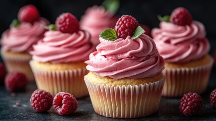 Delicious raspberry cupcakes elegantly topped with fresh berries perfect for sweet dessert promotions and empty space for text