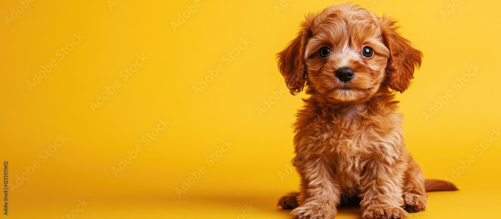 Aufkleber cavapoo puppy sitting on a bright yellow background with ample empty space for text and design eleme