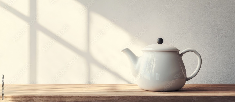 Aufkleber white kettle on wooden kitchen table with light shadows and ample empty space for text or branding u