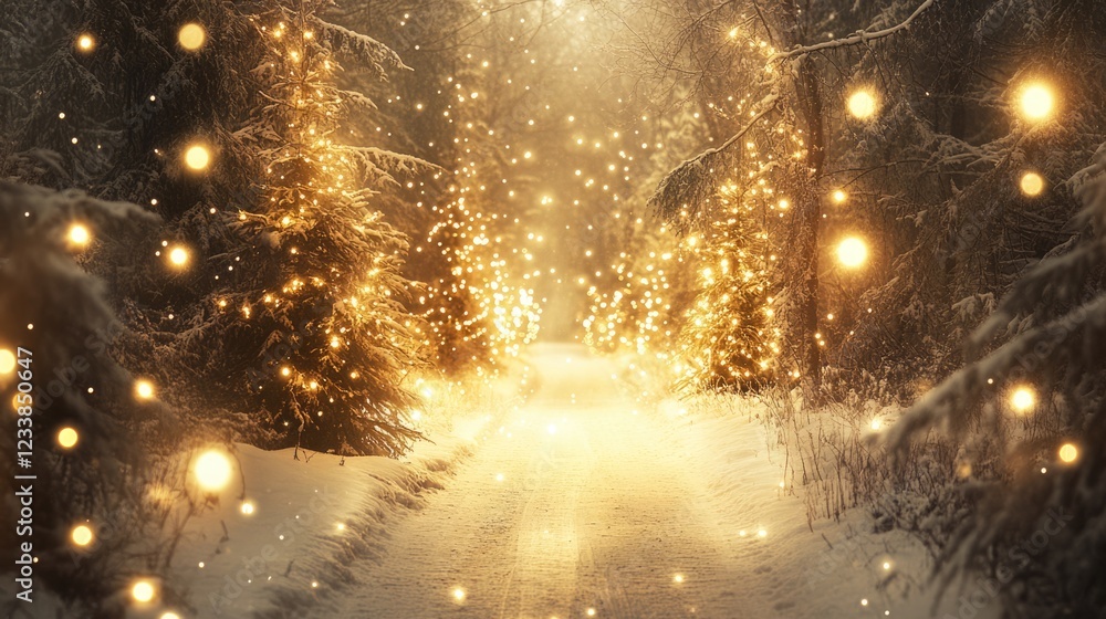 Poster winter forest path illuminated by soft golden lights with space for text overlay