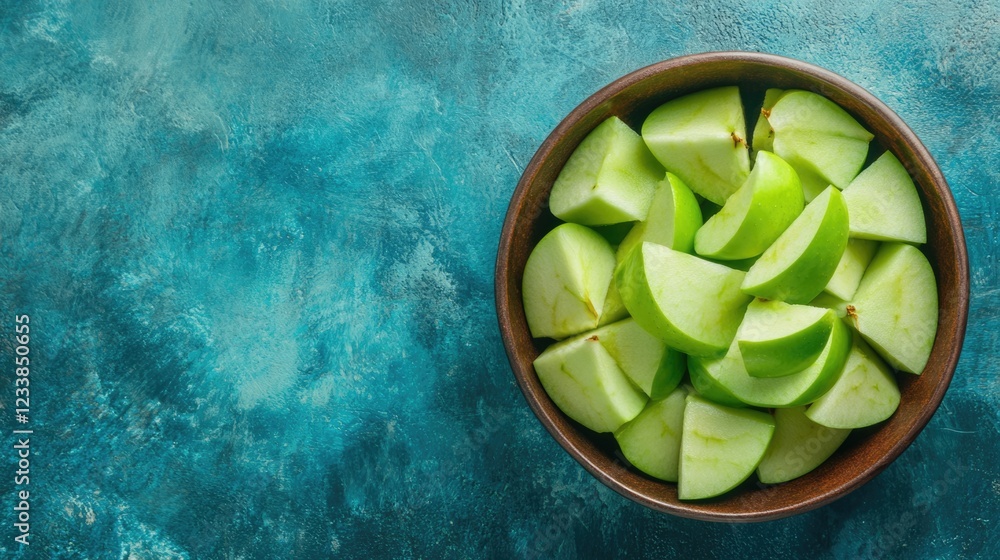 Poster fresh green apple slices in a brown ceramic bowl against a vibrant blue concrete background with amp