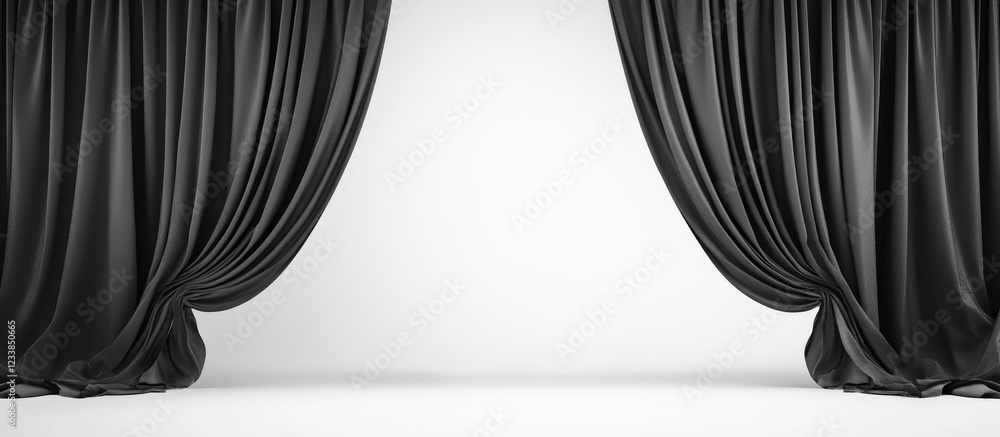 Poster elegant black stage curtains framing bright white background for studio showcases advertising and co