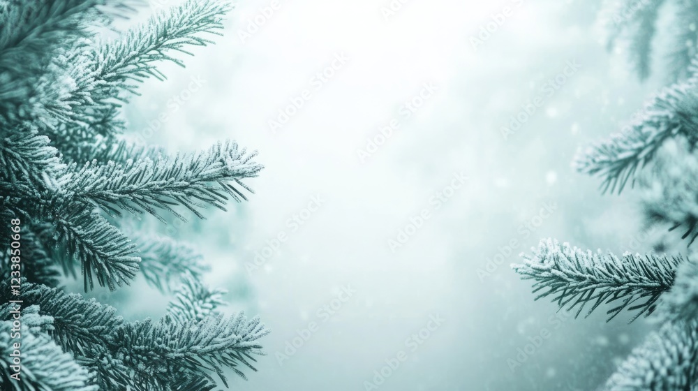 Poster wintery christmas background featuring snow-covered tree branches with ample copy space for text and