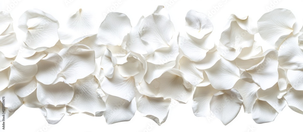 Poster white flower petals arranged on a white background creating ample space for text and design elements