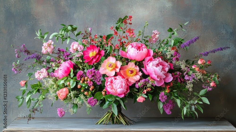 Poster vibrant arrangement of pink peonies and assorted fresh flowers beautifully displayed on a rustic tab