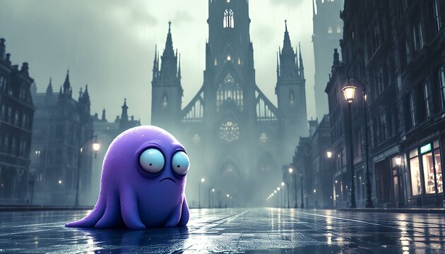 Lonely Blob in a Rainy Gothic Cityscape